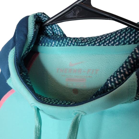 Nike Therma Fit Teal Pattern Swoosh Raglan Hoodie Women Sz XS 665890-385 - Picture 4 of 6